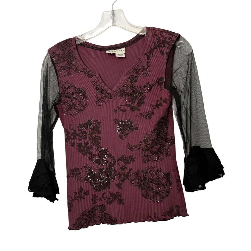 Vintage Ribbed‎ Beaded Top Floral Mesh Bell Sleeve Baby Tee Whimsigoth - XSmall